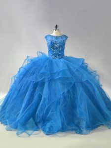 Graceful Blue Ball Gowns Organza Scoop Sleeveless Beading and Ruffles Lace Up Quinceanera Gown Brush Train