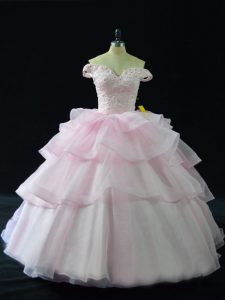 Attractive Sleeveless Beading and Ruffled Layers Lace Up Quinceanera Dress with Pink Brush Train