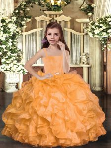 Luxurious Sleeveless Floor Length Ruffles Lace Up Kids Pageant Dress with Orange