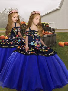 Super Royal Blue Lace Up Spaghetti Straps Embroidery and Ruffles Little Girls Pageant Dress Organza Sleeveless