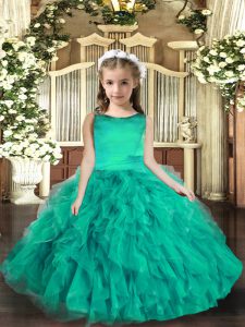 Turquoise Ball Gowns Tulle Scoop Sleeveless Ruffles Floor Length Lace Up Little Girl Pageant Dress