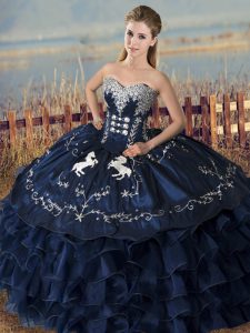 Sweet Sweetheart Sleeveless Satin and Organza 15th Birthday Dress Embroidery and Ruffles Lace Up