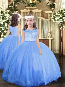 Floor Length Blue Little Girl Pageant Gowns Tulle Sleeveless Lace