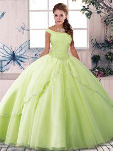 Yellow Green Ball Gowns Off The Shoulder Sleeveless Tulle Brush Train Lace Up Beading Quinceanera Dresses