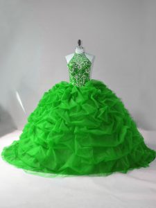 Custom Made Green Sleeveless Beading and Pick Ups Lace Up Quince Ball Gowns