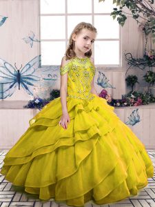 Olive Green High-neck Side Zipper Beading and Ruffled Layers Little Girls Pageant Dress Wholesale Sleeveless