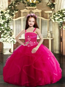 Hot Pink Little Girl Pageant Gowns Party and Wedding Party with Beading and Ruffles Straps Sleeveless Lace Up
