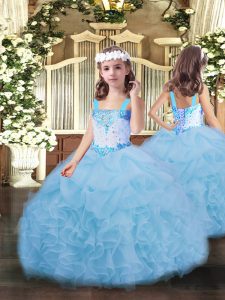 Straps Sleeveless Kids Pageant Dress Floor Length Beading and Ruffles and Pick Ups Blue Organza