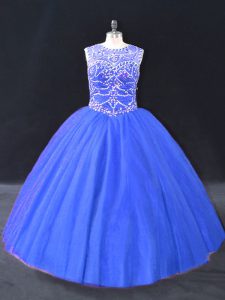 Floor Length Lace Up Ball Gown Prom Dress Blue for Sweet 16 and Quinceanera with Beading