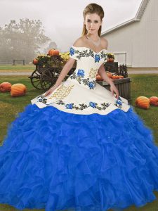 Superior Sleeveless Organza Floor Length Lace Up 15 Quinceanera Dress in Royal Blue with Embroidery and Ruffles