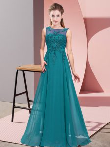 Teal Sleeveless Floor Length Beading and Appliques Zipper Quinceanera Court of Honor Dress