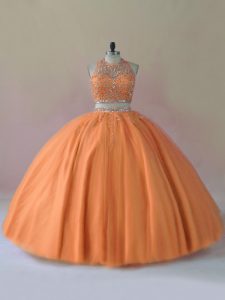 Exquisite Floor Length Orange Vestidos de Quinceanera Tulle Sleeveless Beading