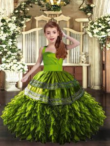 Custom Designed Olive Green Sleeveless Ruffles Floor Length Kids Pageant Dress