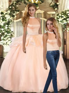 Stunning Peach Ball Gowns Organza Halter Top Sleeveless Beading Floor Length Backless Quinceanera Gowns