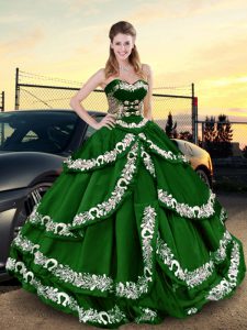 Dark Green Satin Lace Up Sweetheart Sleeveless Floor Length Sweet 16 Dresses Appliques and Ruffled Layers
