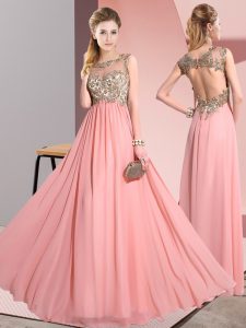Sleeveless Chiffon Floor Length Backless Quinceanera Court of Honor Dress in Pink with Beading and Appliques