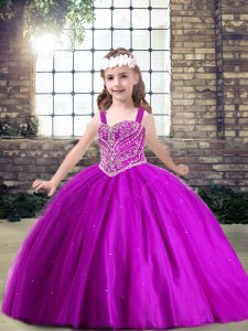 Floor Length Lace Up Little Girls Pageant Dress Fuchsia for Party and Military Ball and Wedding Party with Beading