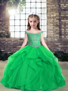 Green Tulle Lace Up Off The Shoulder Sleeveless Floor Length Girls Pageant Dresses Beading