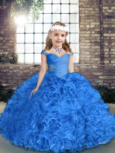 Luxurious Ball Gowns Child Pageant Dress Royal Blue Straps Fabric With Rolling Flowers Sleeveless Floor Length Lace Up