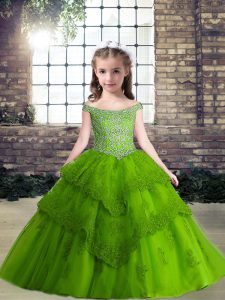 Off The Shoulder Sleeveless Kids Pageant Dress Floor Length Beading Green Tulle
