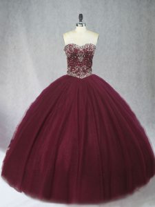 Burgundy Sweetheart Neckline Beading Quinceanera Gown Sleeveless Lace Up