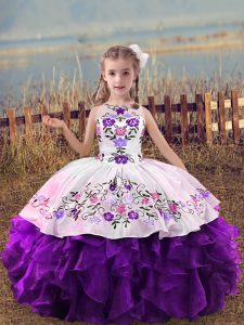 Trendy Sleeveless Floor Length Embroidery and Ruffles Lace Up Pageant Dress with Purple