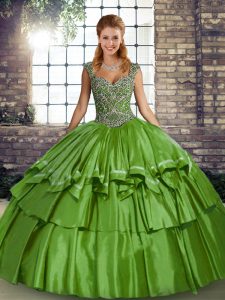 Fashion Green Straps Neckline Beading and Ruffled Layers Vestidos de Quinceanera Sleeveless Lace Up