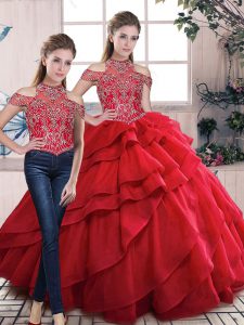 Organza Halter Top Lace Up Beading and Ruffles Quinceanera Dresses in Red