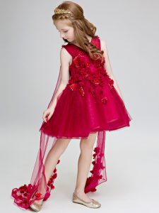 Captivating Sleeveless Watteau Train Hand Made Flower Lace Up Flower Girl Dress