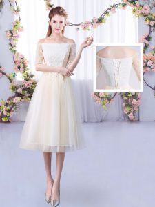 Sweet Tulle Half Sleeves Ankle Length Dama Dress and Lace