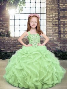 Excellent Sleeveless Tulle Floor Length Lace Up Little Girl Pageant Dress in Yellow Green with Beading and Ruffles