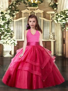 Hot Pink Sleeveless Tulle Lace Up Evening Gowns for Party and Sweet 16 and Wedding Party