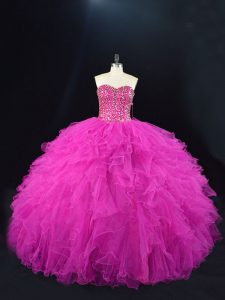 Free and Easy Fuchsia Tulle Lace Up Sweetheart Sleeveless Floor Length Sweet 16 Dress Beading and Ruffles