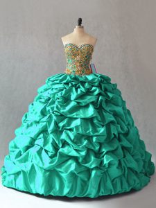 Gorgeous Lace Up Quinceanera Dresses Turquoise for Sweet 16 and Quinceanera with Beading and Pick Ups Brush Train