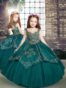 Custom Made Tulle Sleeveless Floor Length Little Girls Pageant Gowns and Beading and Embroidery