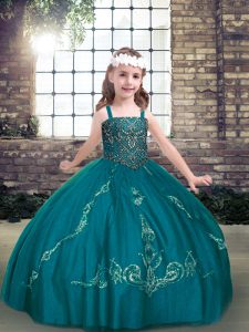 Dazzling Teal Tulle Lace Up Pageant Dress for Girls Sleeveless Floor Length Beading