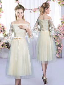 Simple Champagne 3 4 Length Sleeve Tulle Lace Up Court Dresses for Sweet 16 for Wedding Party