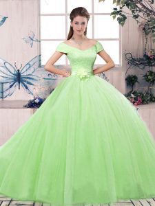 Superior Quinceanera Dress Military Ball and Sweet 16 and Quinceanera with Lace and Hand Made Flower Off The Shoulder Short Sleeves Lace Up