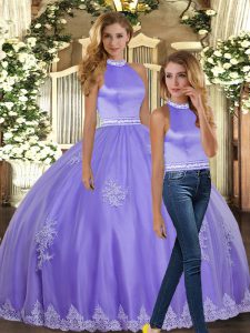 Fantastic Floor Length Lavender Quince Ball Gowns Tulle Sleeveless Appliques