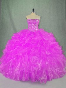 Lilac Ball Gowns Organza Strapless Sleeveless Beading and Ruffles Floor Length Lace Up 15th Birthday Dress