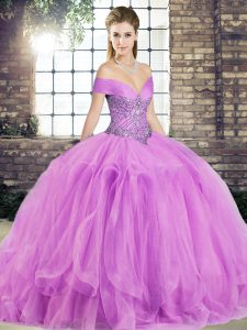 Discount Floor Length Lilac Ball Gown Prom Dress Tulle Sleeveless Beading and Ruffles