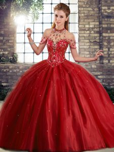 Pretty Wine Red Sleeveless Brush Train Beading Quince Ball Gowns