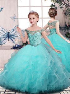 Off The Shoulder Sleeveless Lace Up Pageant Dresses Aqua Blue Tulle