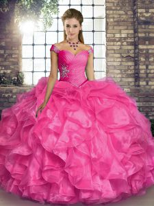 Edgy Hot Pink Sleeveless Floor Length Beading and Ruffles Lace Up 15 Quinceanera Dress