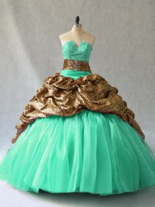 V-neck Sleeveless Brush Train Lace Up Sweet 16 Quinceanera Dress Turquoise Organza