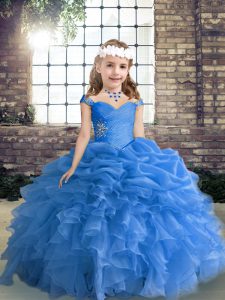 Blue Sleeveless Beading and Ruffles and Pick Ups Floor Length Little Girls Pageant Gowns