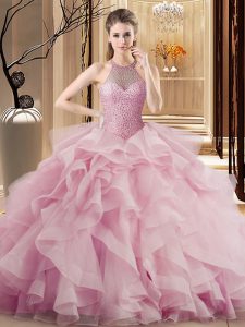 Pink Halter Top Neckline Beading and Ruffles Sweet 16 Quinceanera Dress Sleeveless Lace Up