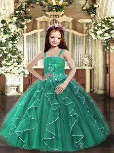 Eye-catching Dark Green Straps Neckline Beading and Ruffles Pageant Gowns For Girls Sleeveless Lace Up