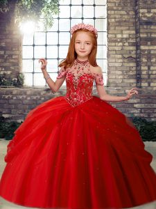 Red Lace Up Little Girls Pageant Dress Beading Sleeveless Floor Length