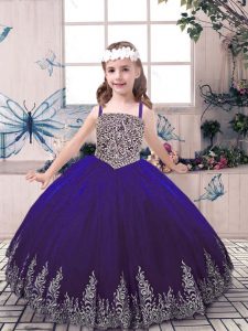 Classical Purple Tulle Lace Up High School Pageant Dress Sleeveless Floor Length Beading and Embroidery